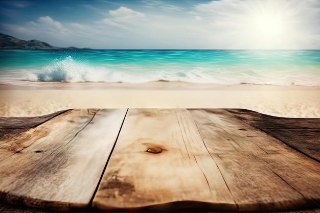 Wooden board with blur beach and sea