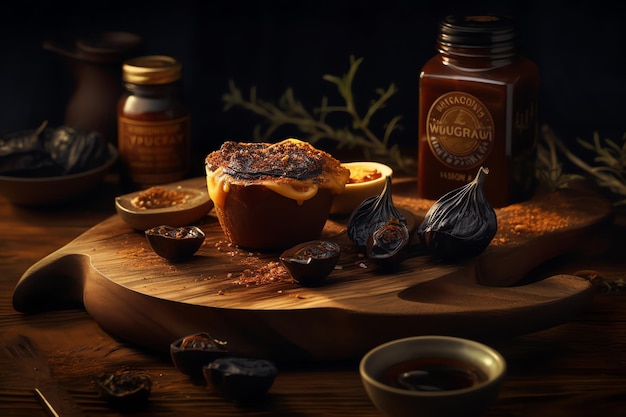 A wooden board with a bowl of muffins and a bottle of chocolate sauce.