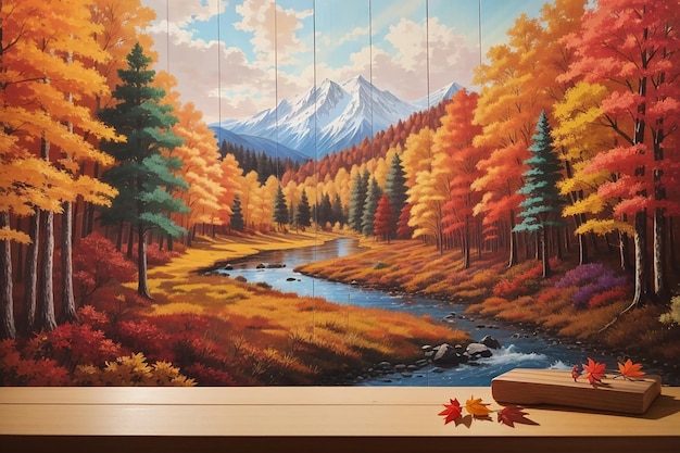 A wooden board with a colorful autumn forest in the background