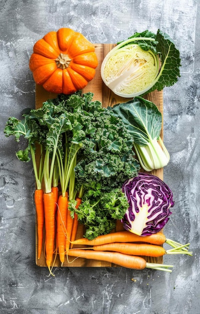 A wooden board with colorful vegetables