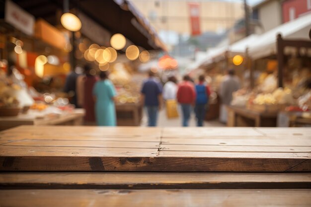 A wooden board with a defocused antique market