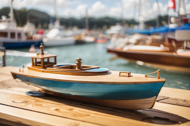 Wooden board with a defocused boat show