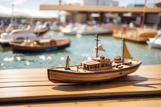 Wooden board with a defocused boat show