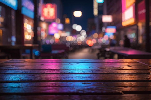 A wooden board with a defocused neonlit urban setting