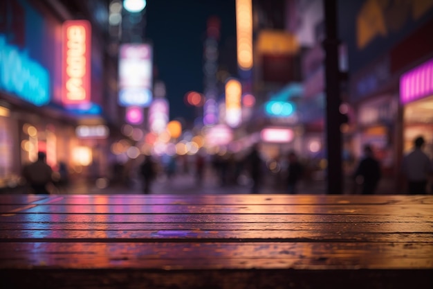 A wooden board with a defocused neonlit urban setting