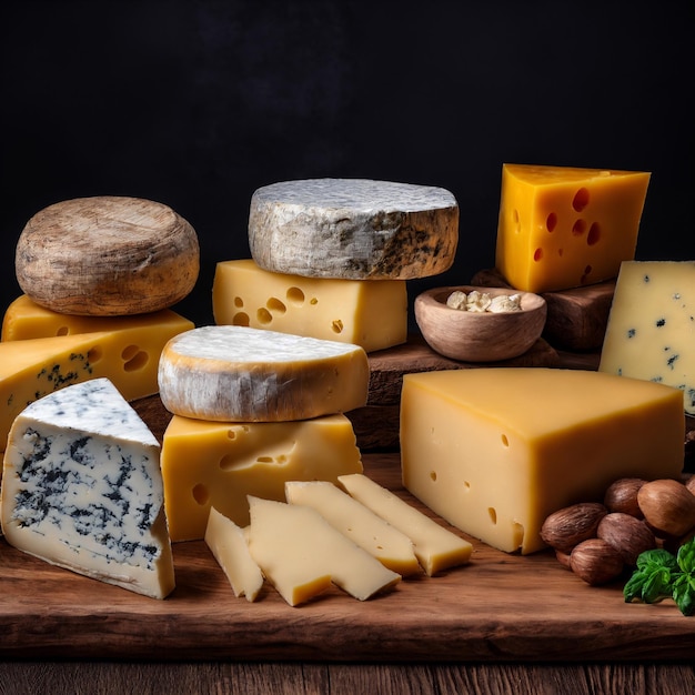 テーブルに様々な種類の美味しいチーズが置かれた木製の板