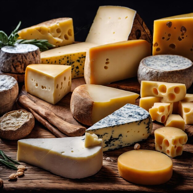 다양한 종류의 맛있는 치즈가 있는 나무판이 테이블 위에 있습니다.