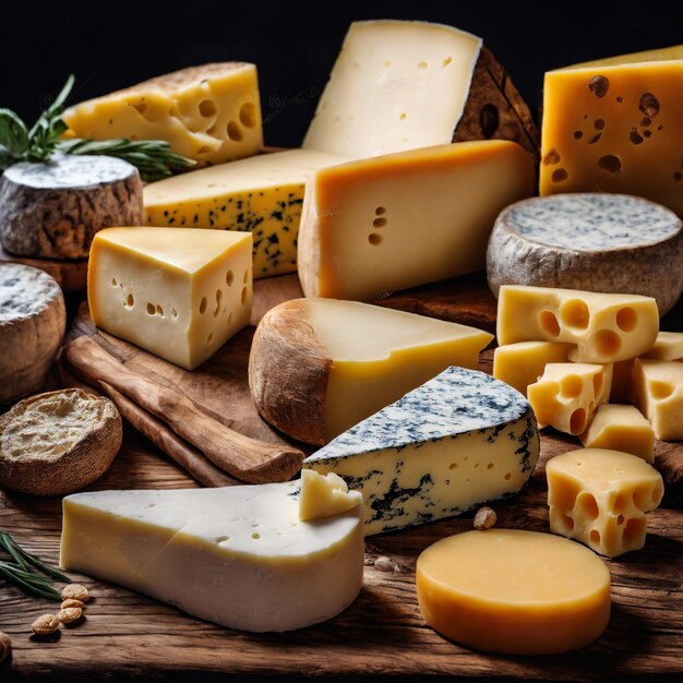 Wooden board with different kinds of delicious cheese on table