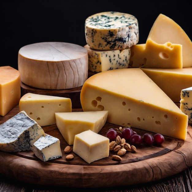 Wooden board with different kinds of delicious cheese on table