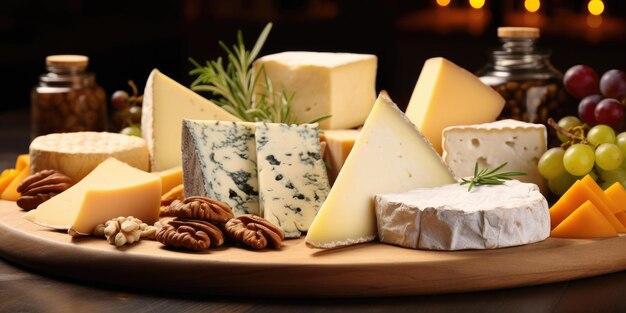 다양한 종류의 맛있는 치즈가 있는 나무판이 테이블 위에 있습니다.