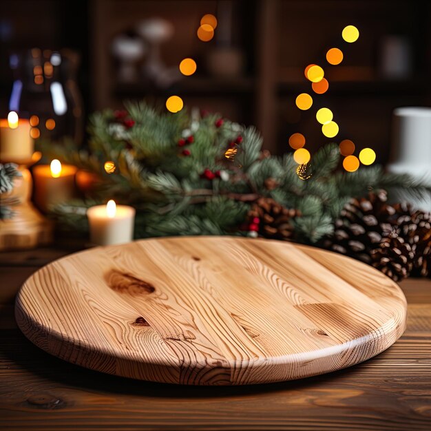 Photo a wooden board with a face on it sits on a table with a christmas tree and a candle