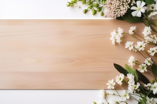 a wooden board with flowers and a bouquet of flowers on it