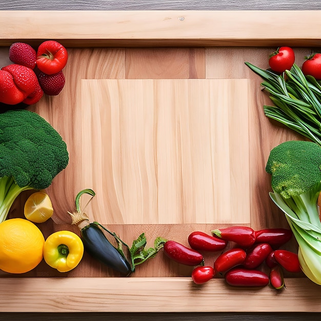 A wooden board with a frame of fruits and vegetables
