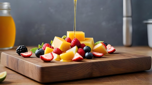 a wooden board with fruit and cheese and a black background