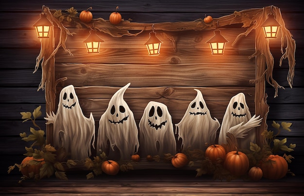 Photo wooden board with ghosts holding skeleton board hallowe