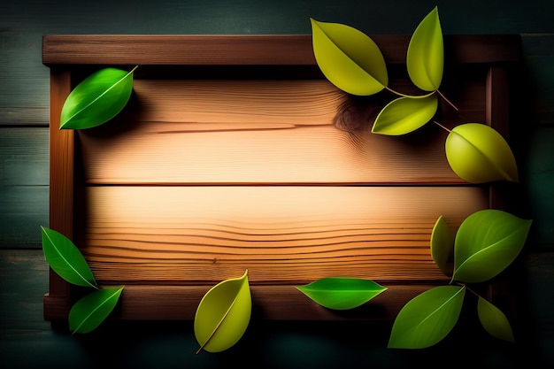 A wooden board with green leaves on it