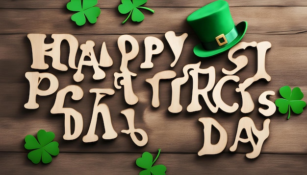 Photo a wooden board with a green shamrock and a green hat that says happy day