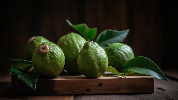 A wooden board with guavas on it