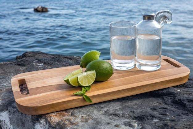 A wooden board with a mojito drink and beach accessories is in the background with a blue sea and sand Ideas for vacation getaways