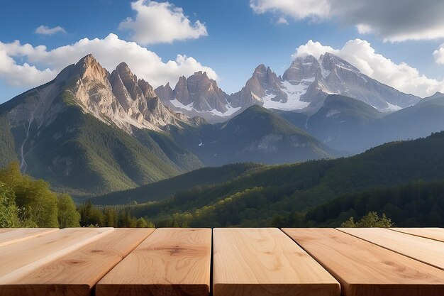 Photo wooden board with mountain background