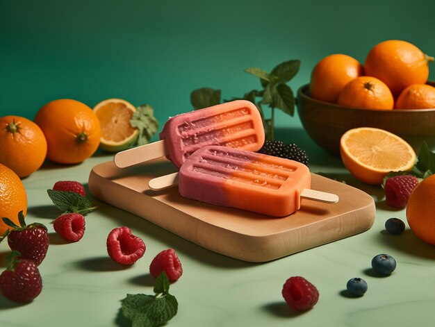 A wooden board with oranges and a bowl of fruit on it