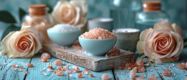 Photo a wooden board with pebbles seashells sea salt pumice soap and roses in a spa salon