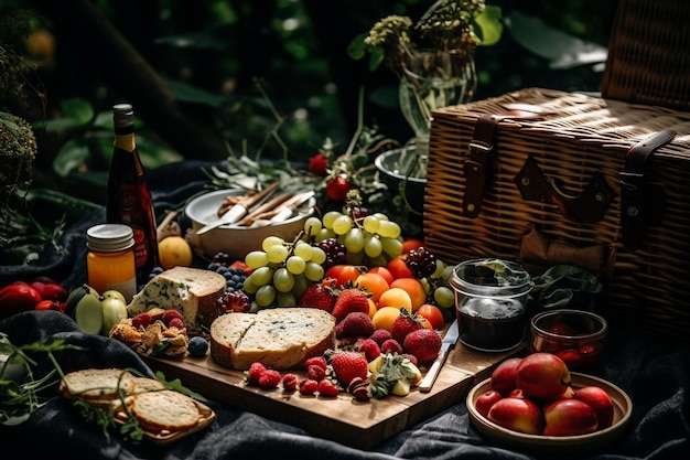 Wooden board with picnic goodies