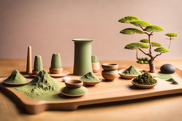 A wooden board with pots and pots on it