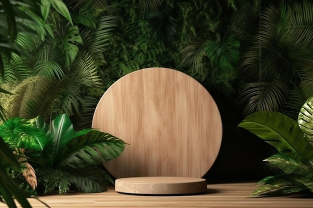 A wooden board with a round top sits on a wooden table surrounded by tropical plants.