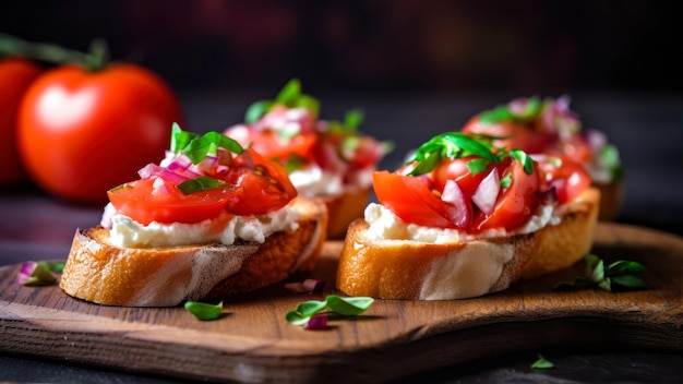 A wooden board with sandwiches on it with tomatoes on it