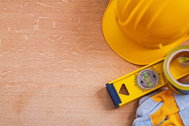 Wooden board with set of construction tools maintenance concept