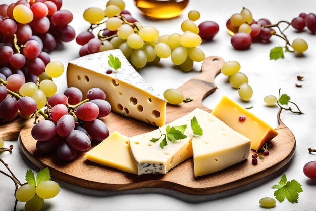 Wooden board with tasty cheese and grapes on white background lights