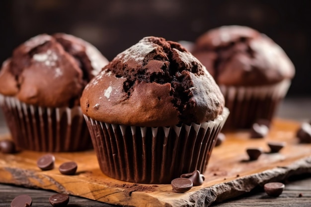 Photo wooden board with tasty chocolate muffin chocolate chip muffins chocolate muffin in brown paper