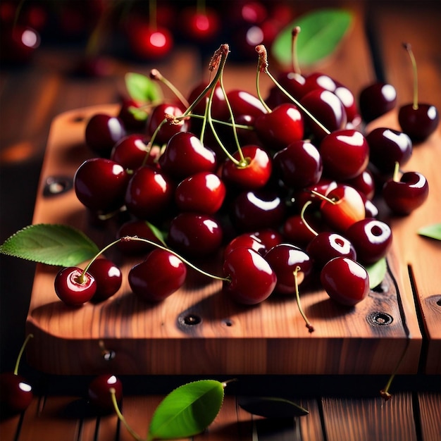 Wooden board with tasty ripe cherries on table