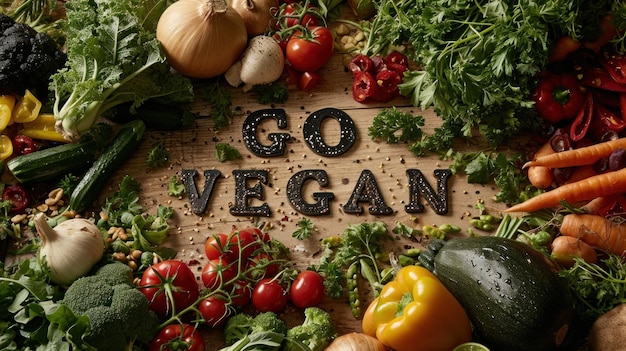 Photo a wooden board with text go vegan vegetables and fruits arranged in a circle ai