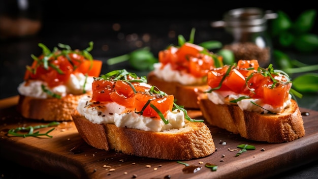 A wooden board with toasts with tomatoes and cheese on it