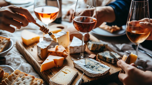 Foto una tavola di legno con una varietà di formaggi e cracker ci sono anche tre bicchieri di vino la tavola è su un tavolo rustico