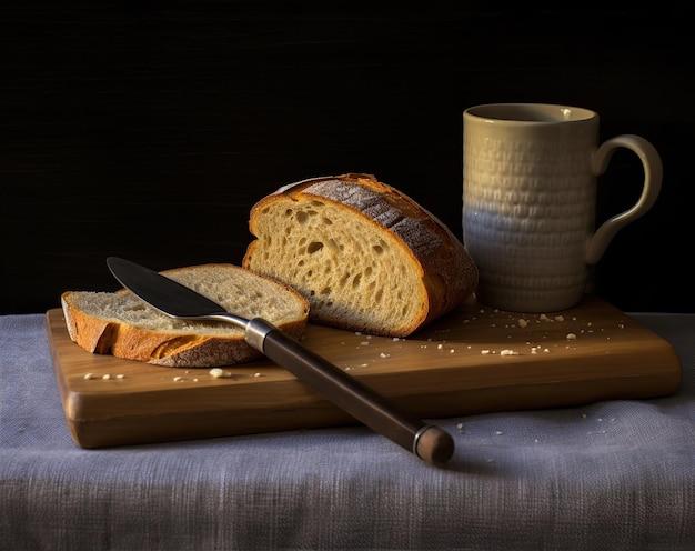 деревянная доска с пшеничным хлебом чашка и большой