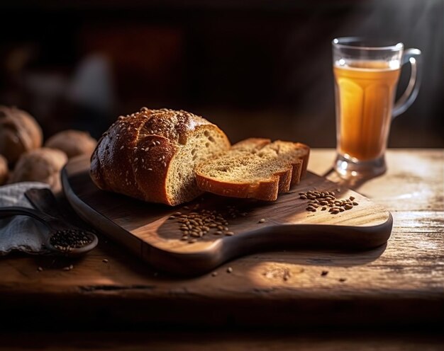 a wooden board with wheat bread a cup and a large