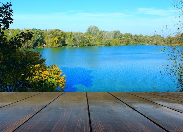 Foto tavole di legno con bellissimo paesaggio di foresta e lago