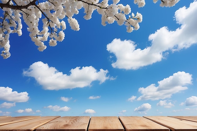 Wooden boards with blue sky and branches