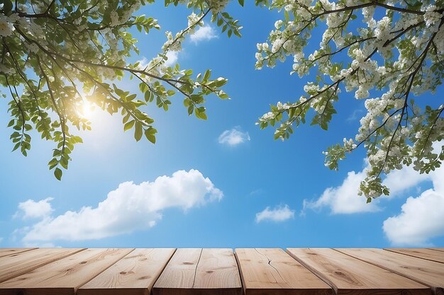 Wooden boards with blue sky and branches