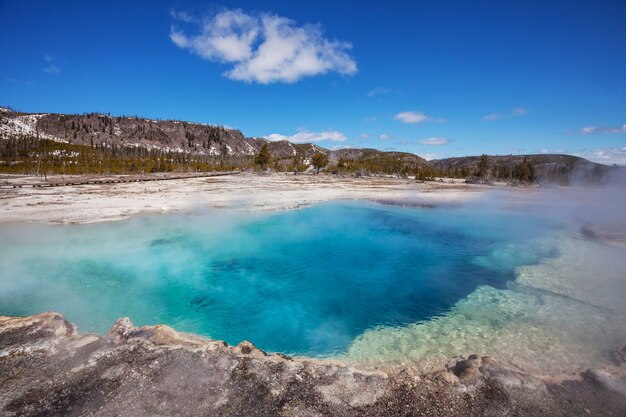 Wooden boardwalk along geyser fields  in Yellowstone National Park, USA