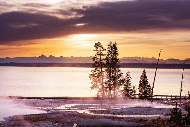 Wooden boardwalk along geyser fields  in Yellowstone National Park, USA