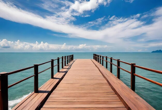 Photo a wooden boardwalk has a blue sky and clouds in the background