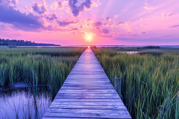 Wooden boardwalk leading through tall grasses in a field during a vibrant sunset