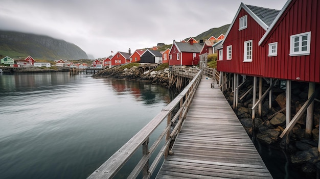 A wooden boardwalk leads to a row of houses on a cloudy day.