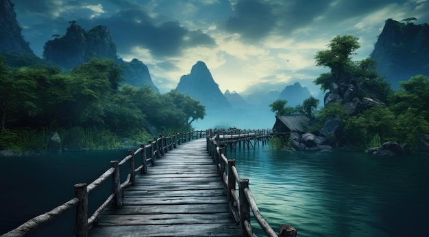 a wooden boardwalk over a river with mountain view