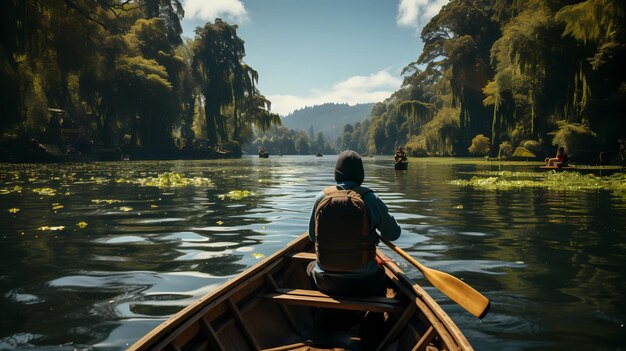 a wooden boat on a calm lake