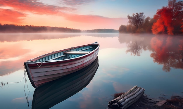 Wooden boat on the dock at lake at sunrise